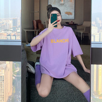 Purple Short Sleeve T-Shirt Woman Pure Cotton Medium Long 2022 Summer new sweet potato Purple Loose Letter Printed Blouses