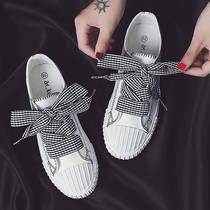 ins canvas shoes Female student Korean version Harajuku wild ribbon shoes Women flat white shoes women spring and autumn board shoes