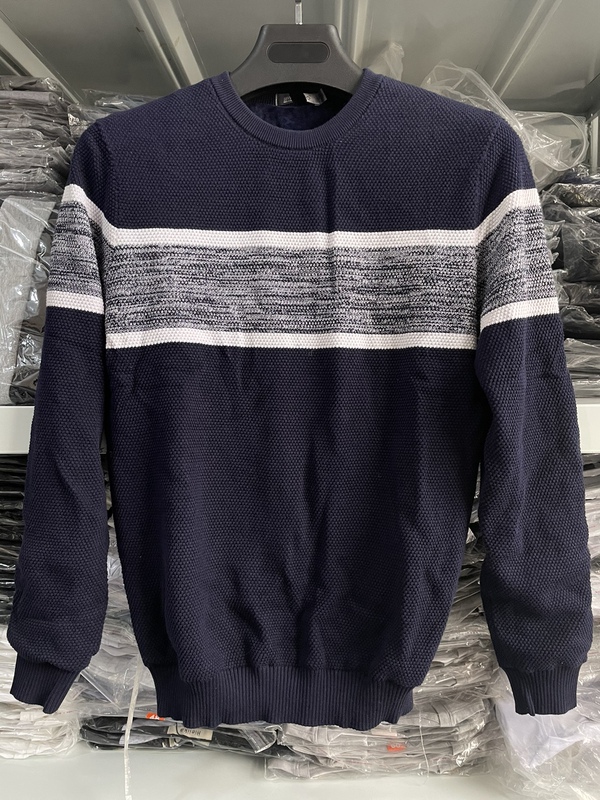 Pure Cotton Autumn and Winter Young Men's Casual Fashion Round Neck Pullover Navy Blue Striped Fleece-Lined Thickened Knitted Sweater Base Layer