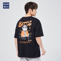 Hanska Pure Cotton Round Collar Short Sleeve T-Shirt Male Summer Thin trendy Panda Printed National Tide Half Sleeve Blouse