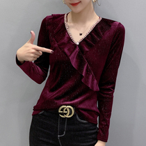 Gold velvet beating undershirt female autumn and winter fashion design sensation v collar long sleeve t-shirt woman inside a lotus leaf side foreign air blouses