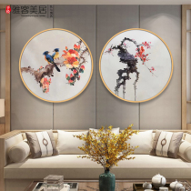 Hand-painted new Chinese living room background wall mural porch circle painting restaurant screen flower and bird oil painting circular painting custom