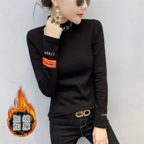 Velvet thickened base shirt womens autumn and winter new semi-high collar letter T-shirt womens long-sleeved slim-fit wild-style top