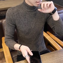  Sweater mens half-high neck winter new Korean slim-fit mid-neck bottoming sweater plus velvet thick wool sweater men