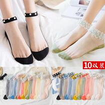 Pearl socks children spring and summer thin net red lace transparent mesh summer crystal shallow short socks tide ins