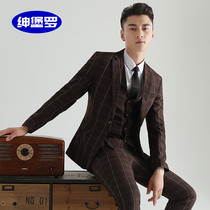 Youth performance suit suit three-piece men's photo Korean slim plaid youth studio dress suit