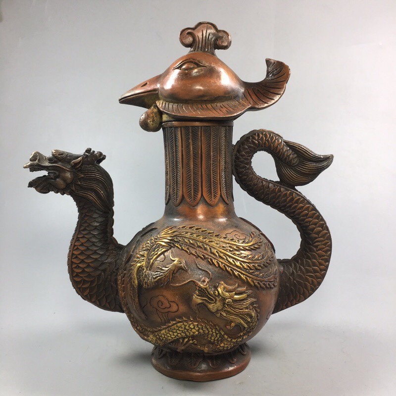 Ancient Play Collection Imitation Red Copper golden Dragon Gin Wine Pot Pure Copper Pendulum Imitation Antique Bronze kettle Kettle Handle Pot handlebar jug-Taobao