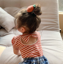 Girls short sleeve T-shirt 2021 summer Korean version of ins baby bow backless stretch knit cute jacket Foreign