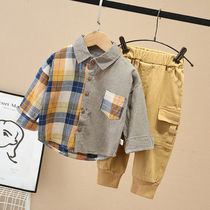 Boys spring suit 2020 new baby spring and autumn foreign style two-piece childrens clothes plaid shirt handsome tide