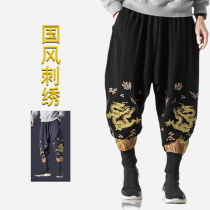 Zuodu large size mens Chinese style mens pants plus fat cotton hemp Haren pants dragon embroidered linen pants mens loose