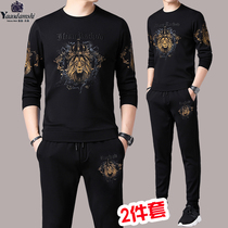 Light luxury brand black casual mens suit personality spring new mens printed sweater tide tied foot sports suit