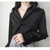  Black satin shirt female design sense niche v-neck net red top female lazy style retro ins temperament drape
