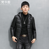 Leather down jacket mens seamless lightweight short hooded sheep leather jacket youth leather jacket winter coat tide