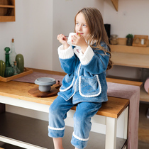 Childrens coral velvet pajamas autumn and winter girls flannel children Girls Home clothing thickened suit