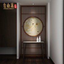 New Chinese fence grille solid wood screen living room aisle entrance hotel tea room partition flower and bird round seat screen