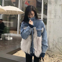 Sandro Tonali winter new stitching denim fur coat retro port flavor ins loose short top