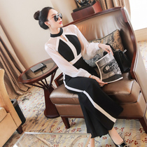 Early autumn 2021 new one-piece pants womens long sleeve waist waist slim pants ladies temperament high waist wide leg pants