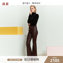 QIQI fur French waxy lambskin) wine red black elastic waist slim waist slim high waist trumpet leather pants