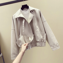 Korean leather jacket womens coat spring and autumn short 2021 New loose autumn waist motorcycle suit small puleather jacket