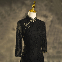 Old Shanghai cheongsam 2021 New retro temperament Chinese style dress female high-end lace black long autumn