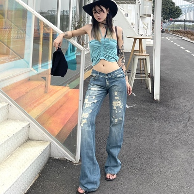 taobao agent Homemade hot girl punk design sensor retro workers are thin low waist denim wide -leg pants