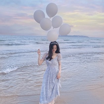 From a foggy wonderland blue fainty blue fainting mesh yarn cloak dresses woman summer bubble cuff cross strap long nepotism