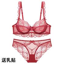 New Year of life Lace ultra-thin sexy underwear set Womens big chest show small D cup E cup large size bra cover