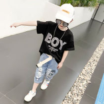  Childrens clothing boys summer suit New boys short-sleeved t-shirt denim shorts Korean version of the childrens Western style two-piece suit