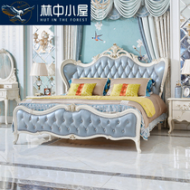 Real wood bed European Double 1 8 meters leather nuptial bed Deluxe French carved queen-size master bedroom nuptial bed niu leather bed