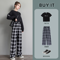 Plaid Ice Silk Broadlegged Pants Woman Summer Thin 2022 New small sub loose Slim Straight Drum Feel Tug Pants