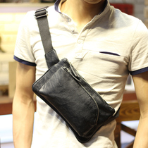 Leather mens fanny pack chest bag oblique cross-bag leisure bag Small cross-body mobile phone Korean version of the shoulder mens bag tide mens bag