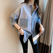 JOLIMENT spring and summer pop color comes with high-order Light Blues retro port flavor denim mosaic shirt Women