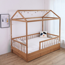 Nordic solid wood childrens bed with guardrail Simple tree house house boys and girls princess bed White oak fence side bed