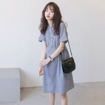 Maternity dress summer skirt fashion v collar shirt dress plaid cotton linen breathable out feeding breastfeeding dress tide