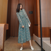 2021 new womens early spring and autumn long sleeves French retro temperament waist chiffon floral jumpsuit skirt