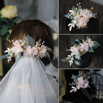 Mori fresh green leaf bride headdress Korean sweet Super Fairy pink flower wedding hair accessories costume accessories