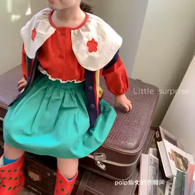 2021 spring girls big lapel collar color red avocado color long sleeve thick cotton T skirt vest ins Korea set