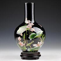 Jingdezhen porcelain black gold glaze vase Pastel lotus celestial sphere Modern fashion living room handicraft ornaments