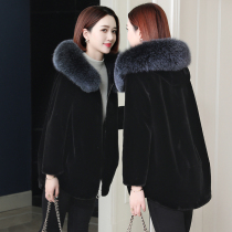zqqz fox fur collar golden mink fur coat female fashion temperament Haining medium and long sheep cut wool coat D447