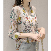 Mularsa National Ethos True Silk V Collar Shirt Woman 2021 new spring summer printed hollowed-out collar shirt