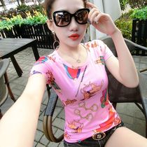 2020 European standing womens clothing spring and summer repair body slim 100 hitch bottom printed round collar short sleeve T-shirt woman