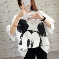 Korea 2021 summer short sleeve t-shirt women cotton top cartoon print long loose base shirt ins tide