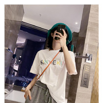 South Korean kimhekim color letter short sleeve T-shirt 21SS summer style pure cotton colorful logo round collar blouse