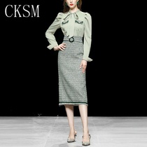 CKSM2021 autumn new fashion temperament bow collar long-sleeved texture shirt small fragrance tweed suit female