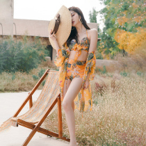 Swimsuit female split flat corner bikini three-piece high waist steel support small chest gathered seaside beach with blouse sunscreen