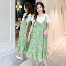 Pregnant Woman Summer Fashion Fashion Snowspun Broken Flowers pendant with dress Two sets 2022 new Spicy Moms Loose one-piece dress suit