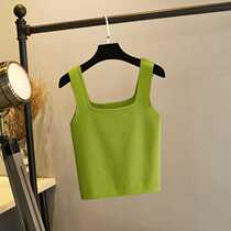 Short green ice silk knitted camisole Vest Womens new summer collar collarbone Hyuna design feel outside wear top