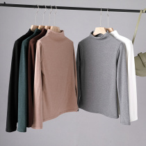 Clearance semi-high collar inside with velvet base shirt Women solid color long sleeve thin velvet spring autumn black tight top