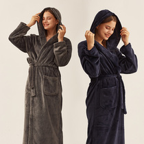 Womens autumn and winter coral velvet padded extended mens bathrobe flannel couple pajamas warm hooded bathrobe