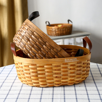 Kens Wood Knitted Leather Handle Containing Basket American Fields Garden Handmade Containing Basket Tabletop Fruit Snacks Wood Chips Basket